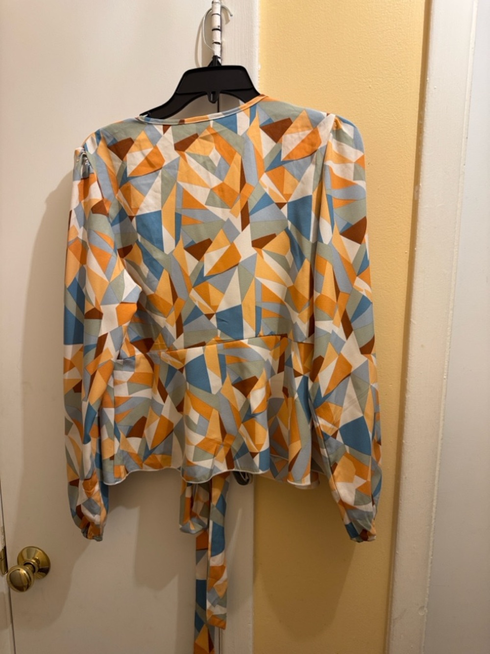 SHEIN Geometric Tie-Front Blouse in Orange, Blue & Cream - Picture 4 of 4